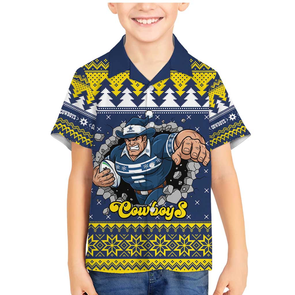 Merry Queensland Cowboys Personalised Family Matching Mermaid Dress and Hawaiian Shirt Christmas Rugby League Spirit LT9