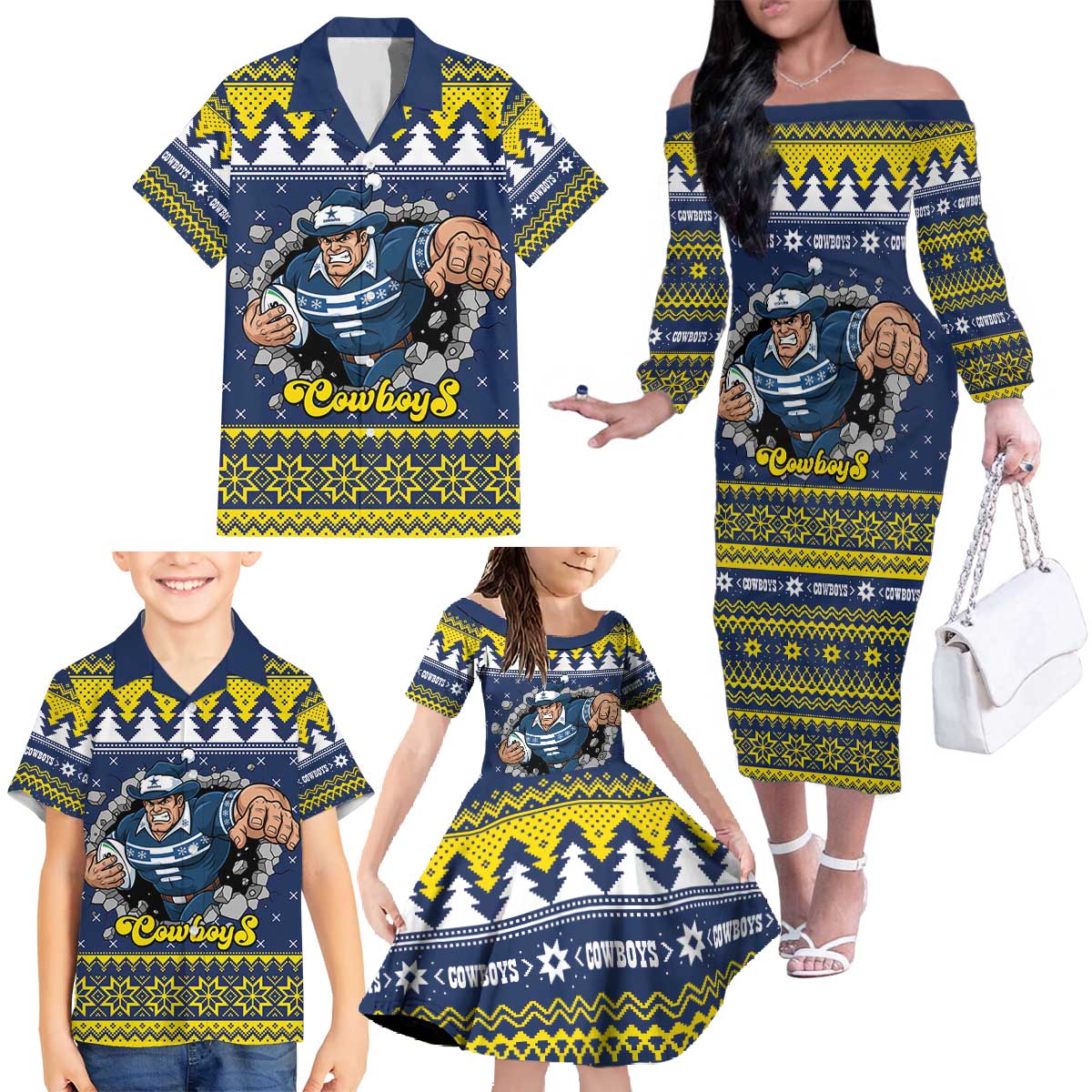 Merry Queensland Cowboys Personalised Family Matching Off The Shoulder Long Sleeve Dress and Hawaiian Shirt Christmas Rugby League Spirit - Aussie Hoodie
