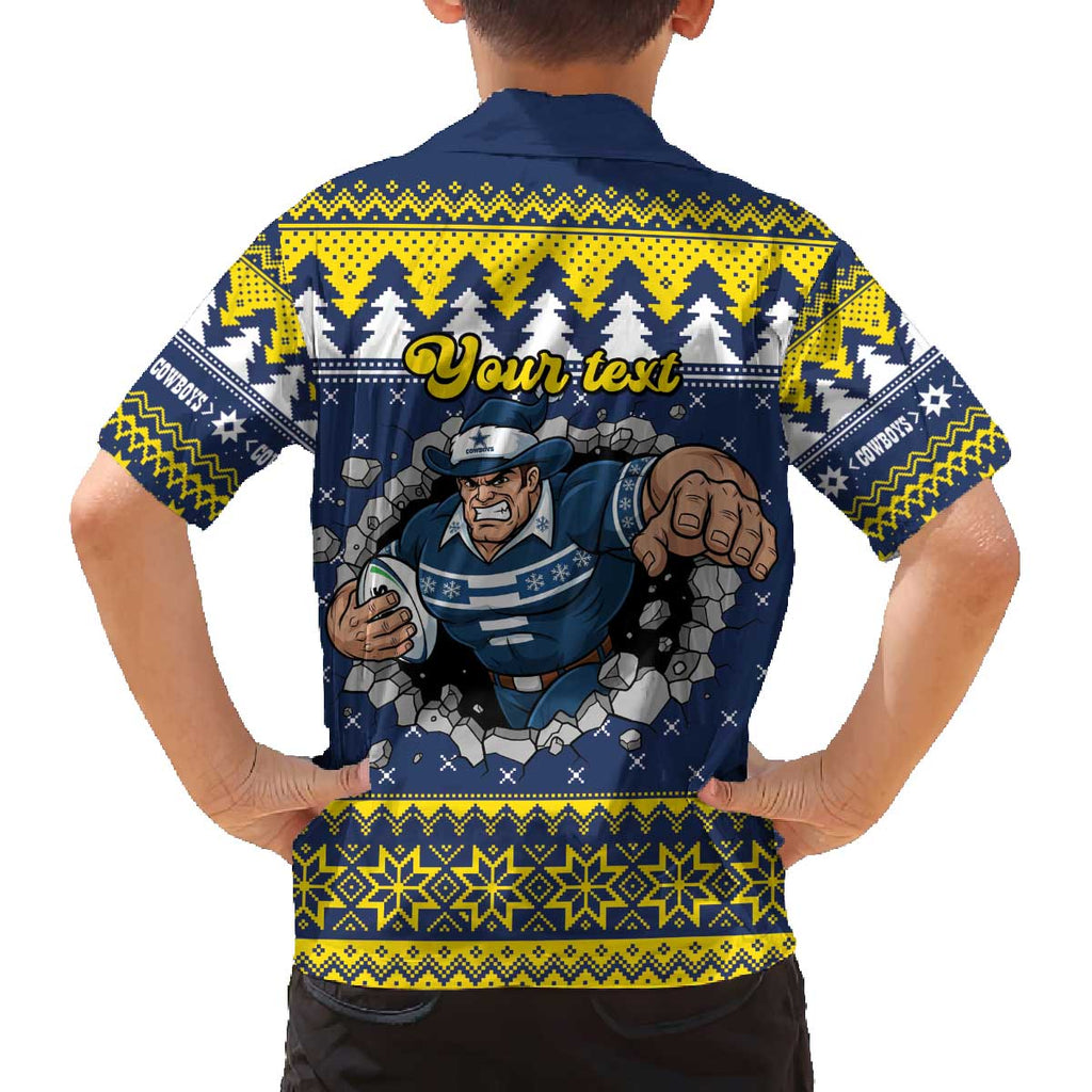 Merry Queensland Cowboys Personalised Family Matching Off The Shoulder Long Sleeve Dress and Hawaiian Shirt Christmas Rugby League Spirit - Aussie Hoodie