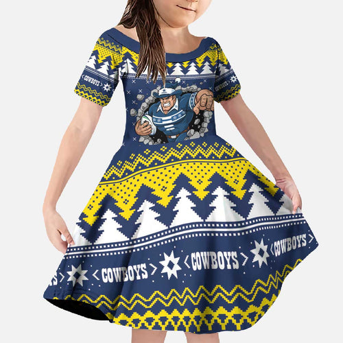 Merry Queensland Cowboys Personalised Family Matching Off The Shoulder Long Sleeve Dress and Hawaiian Shirt Christmas Rugby League Spirit - Aussie Hoodie