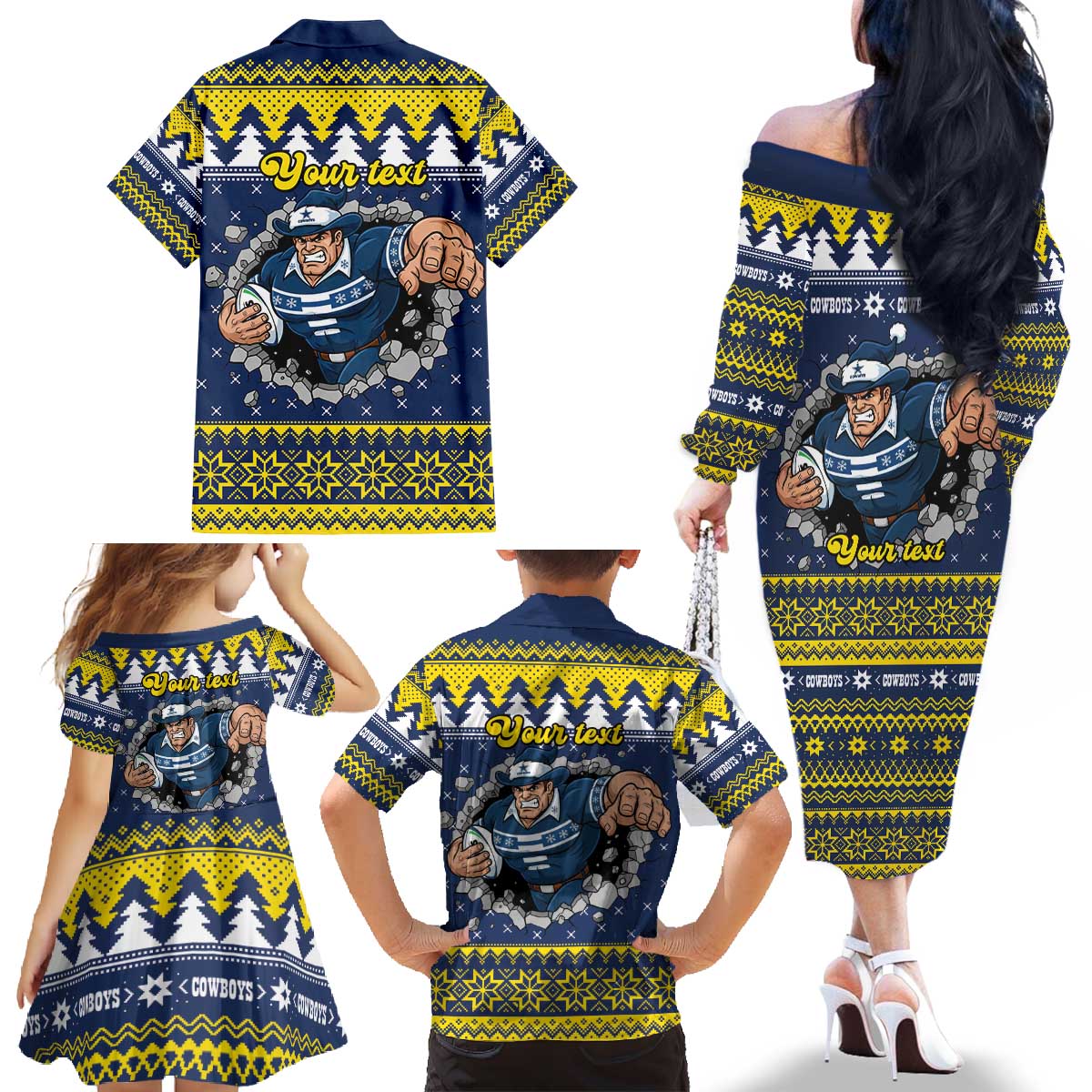 Merry Queensland Cowboys Personalised Family Matching Off The Shoulder Long Sleeve Dress and Hawaiian Shirt Christmas Rugby League Spirit - Aussie Hoodie