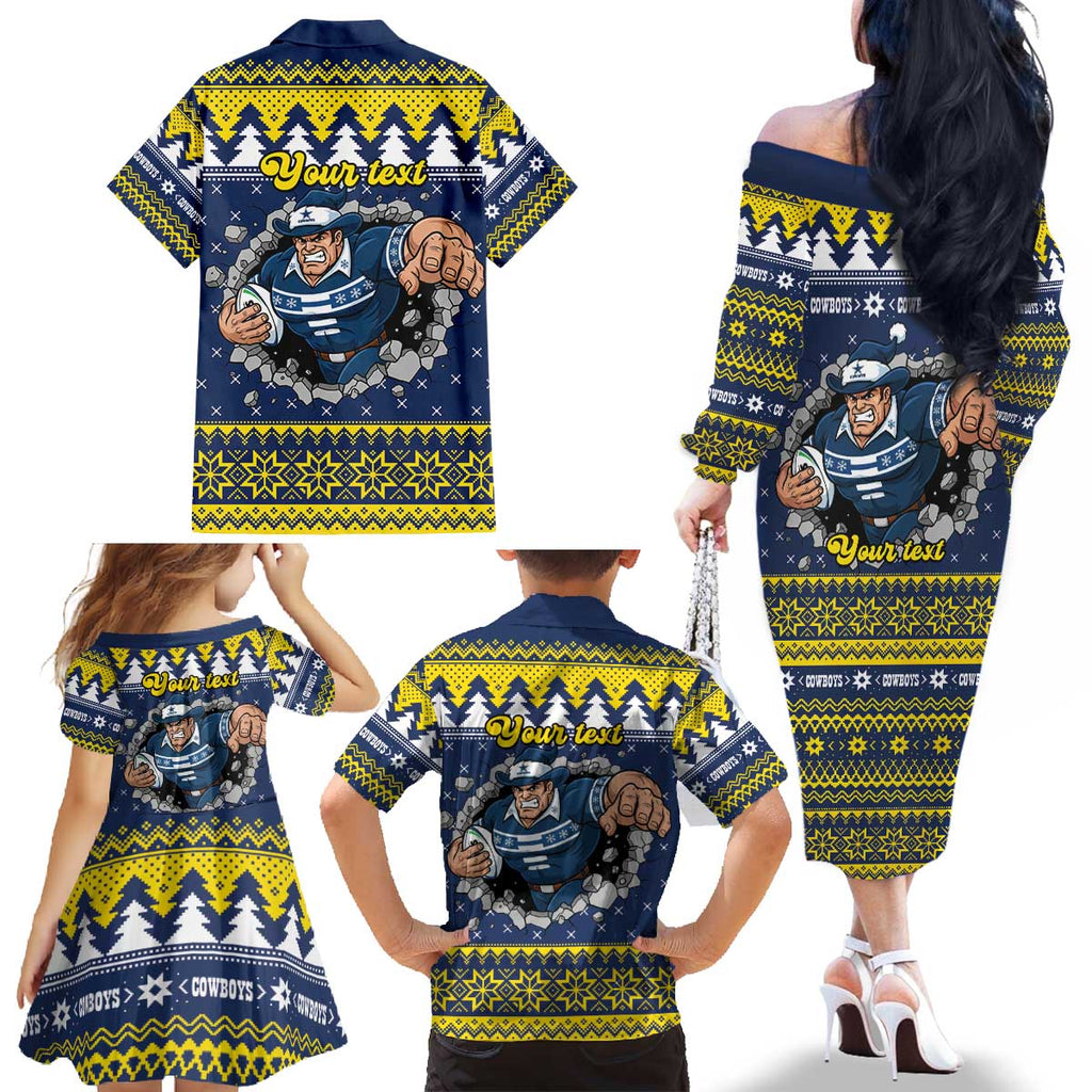 Merry Queensland Cowboys Personalised Family Matching Off The Shoulder Long Sleeve Dress and Hawaiian Shirt Christmas Rugby League Spirit - Aussie Hoodie
