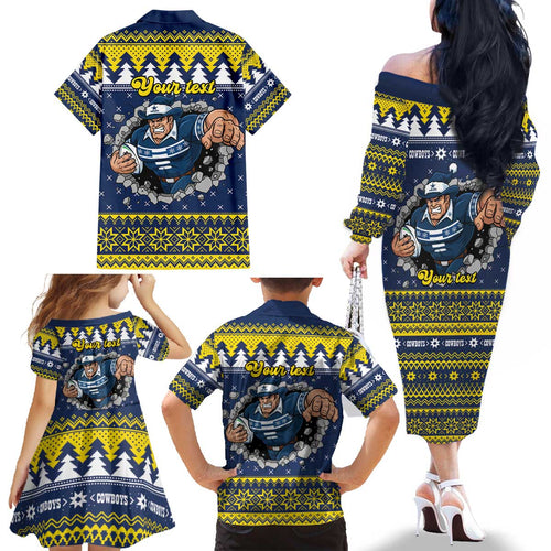 Merry Queensland Cowboys Personalised Family Matching Off The Shoulder Long Sleeve Dress and Hawaiian Shirt Christmas Rugby League Spirit - Aussie Hoodie