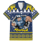 Merry Queensland Cowboys Personalised Family Matching Off The Shoulder Long Sleeve Dress and Hawaiian Shirt Christmas Rugby League Spirit - Aussie Hoodie