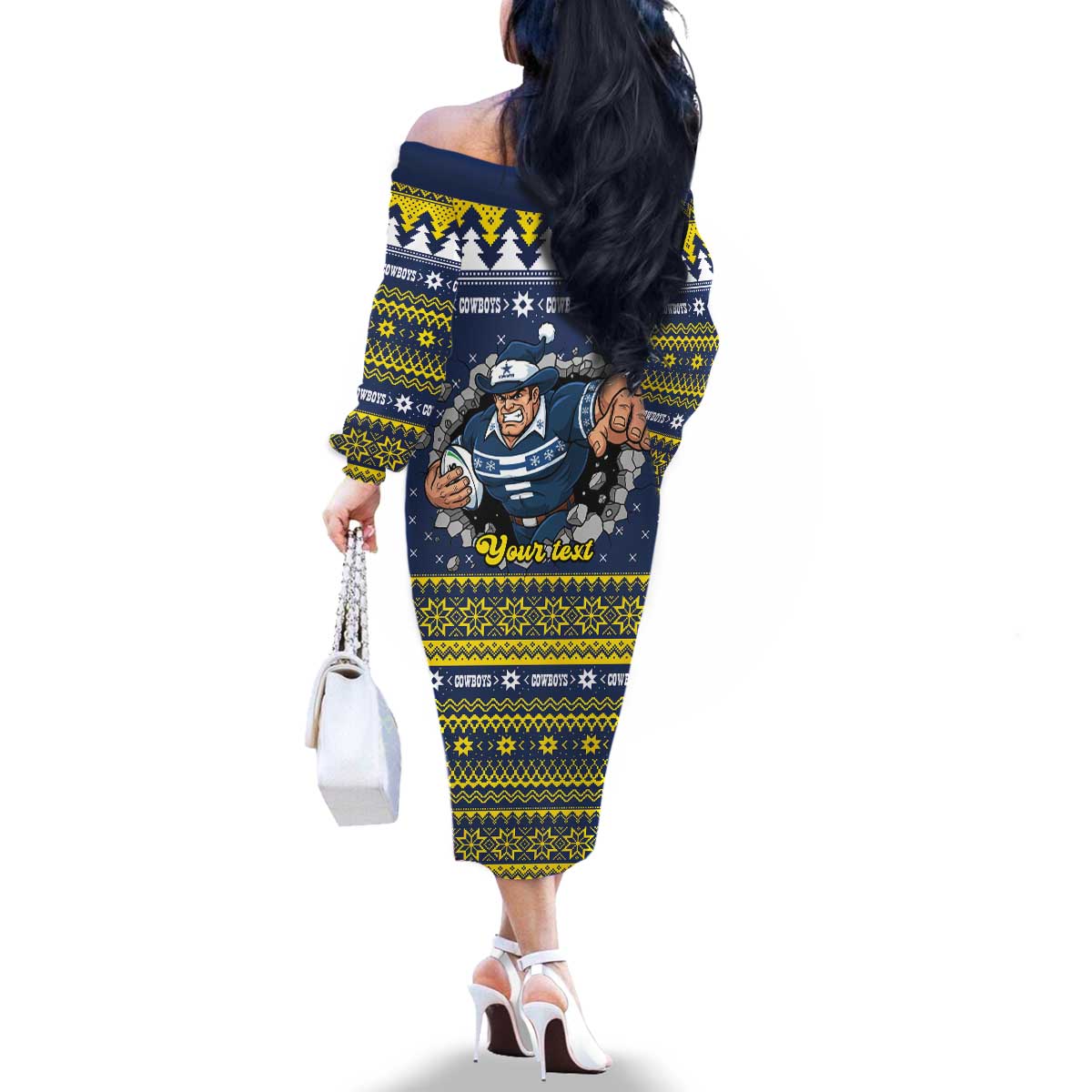 Merry Queensland Cowboys Personalised Family Matching Off The Shoulder Long Sleeve Dress and Hawaiian Shirt Christmas Rugby League Spirit - Aussie Hoodie