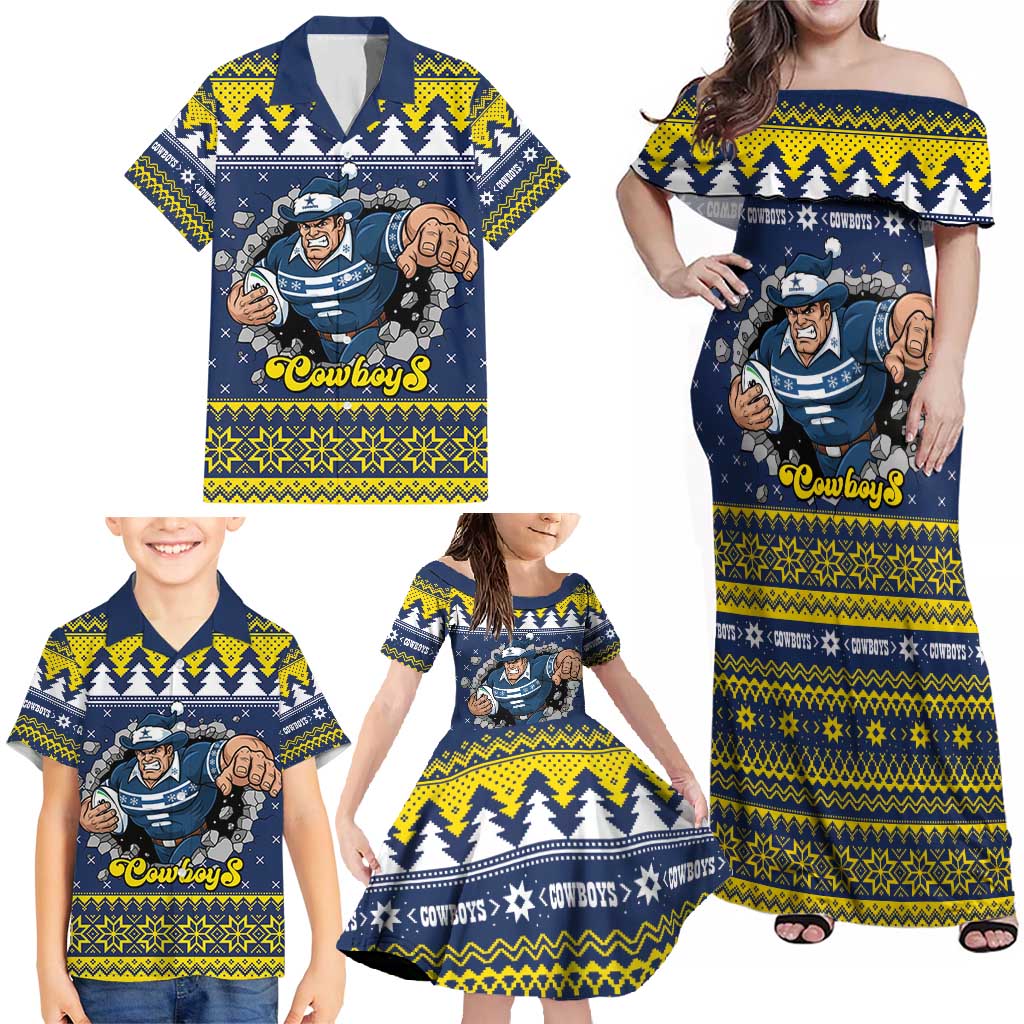 Merry Queensland Cowboys Personalised Family Matching Off Shoulder Maxi Dress and Hawaiian Shirt Christmas Rugby League Spirit - Aussie Hoodie