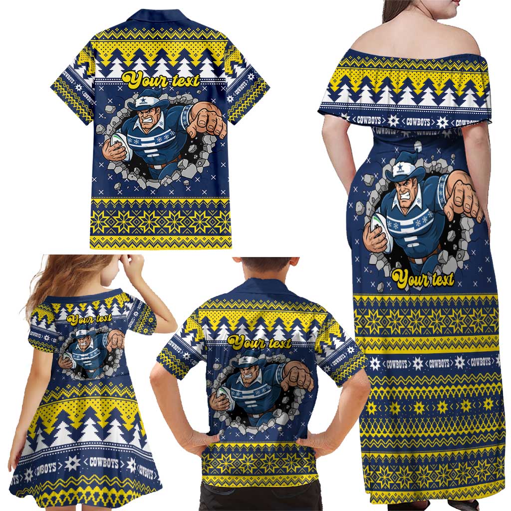 Merry Queensland Cowboys Personalised Family Matching Off Shoulder Maxi Dress and Hawaiian Shirt Christmas Rugby League Spirit - Aussie Hoodie