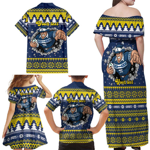 Merry Queensland Cowboys Personalised Family Matching Off Shoulder Maxi Dress and Hawaiian Shirt Christmas Rugby League Spirit - Aussie Hoodie