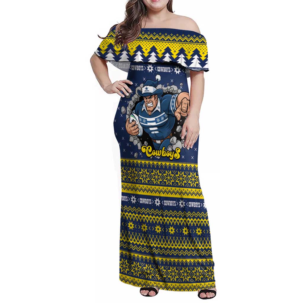 Merry Queensland Cowboys Personalised Family Matching Off Shoulder Maxi Dress and Hawaiian Shirt Christmas Rugby League Spirit - Aussie Hoodie