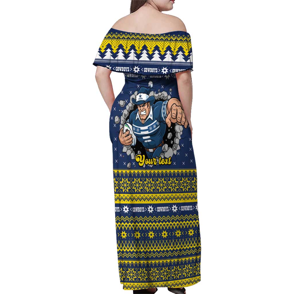 Merry Queensland Cowboys Personalised Family Matching Off Shoulder Maxi Dress and Hawaiian Shirt Christmas Rugby League Spirit - Aussie Hoodie