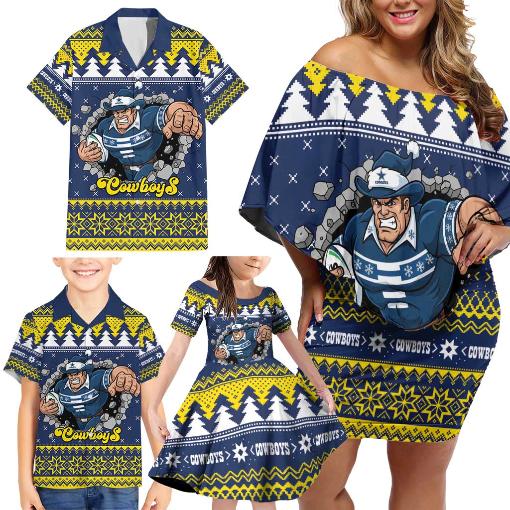Merry Queensland Cowboys Personalised Family Matching Off Shoulder Short Dress and Hawaiian Shirt Christmas Rugby League Spirit - Aussie Hoodie