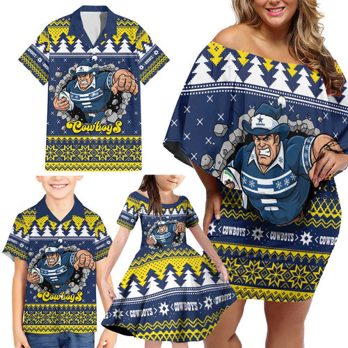Merry Queensland Cowboys Personalised Family Matching Off Shoulder Short Dress and Hawaiian Shirt Christmas Rugby League Spirit - Aussie Hoodie