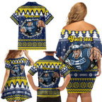 Merry Queensland Cowboys Personalised Family Matching Off Shoulder Short Dress and Hawaiian Shirt Christmas Rugby League Spirit - Aussie Hoodie