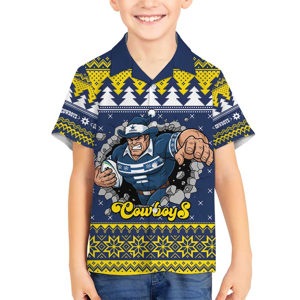 Merry Queensland Cowboys Personalised Family Matching Off Shoulder Short Dress and Hawaiian Shirt Christmas Rugby League Spirit - Aussie Hoodie
