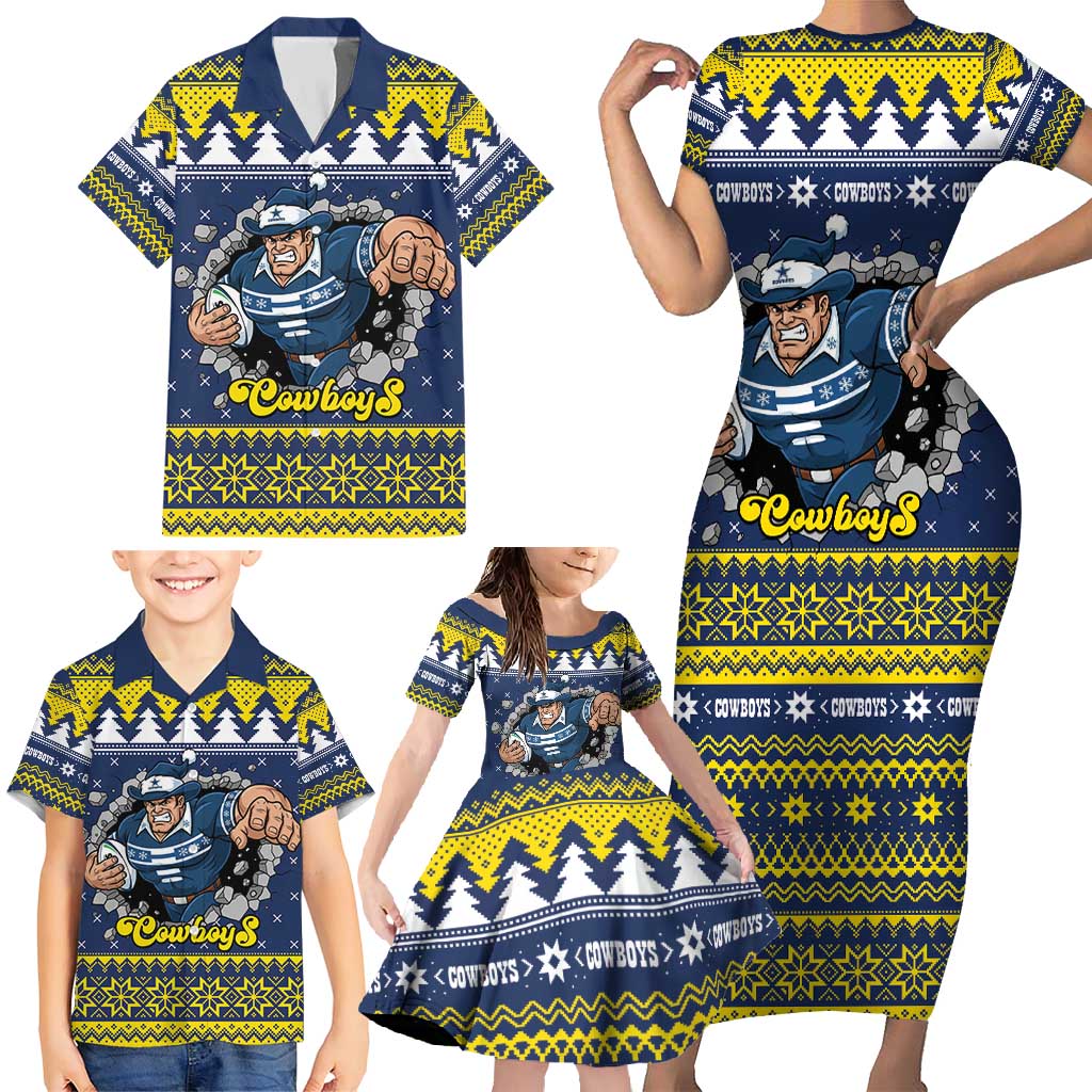 Merry Queensland Cowboys Personalised Family Matching Short Sleeve Bodycon Dress and Hawaiian Shirt Christmas Rugby League Spirit - Aussie Hoodie