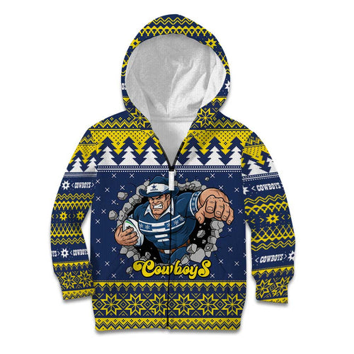 Merry Queensland Cowboys Personalised Kid Hoodie Christmas Rugby League Spirit - Aussie Hoodie