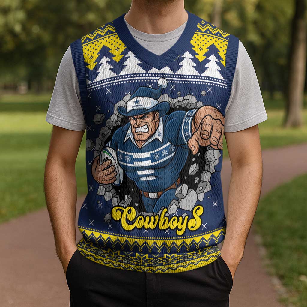 Merry Queensland Cowboys Personalised Christmas Knitted V-Neck Vest Christmas Rugby League Spirit - Aussie Hoodie