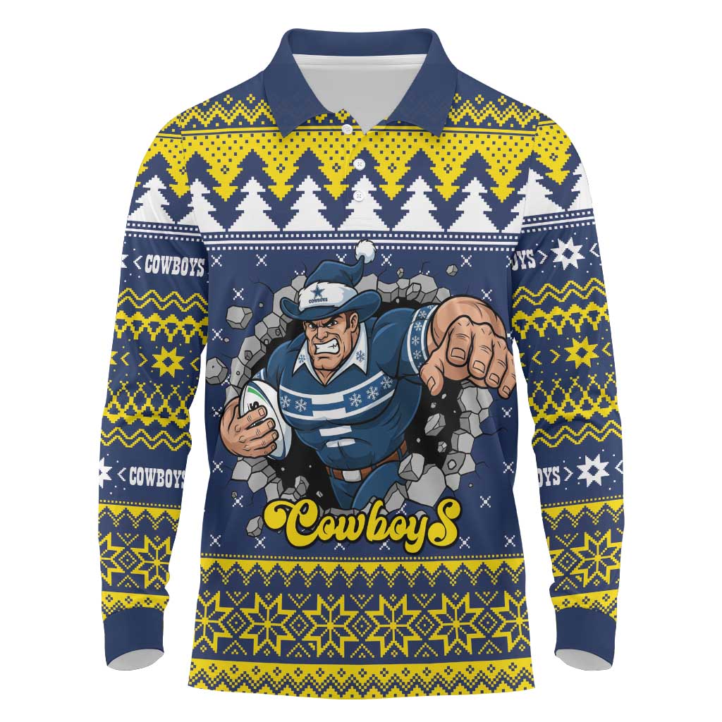 Merry Queensland Cowboys Personalised Long Sleeve Polo Shirt Christmas Rugby League Spirit - Aussie Hoodie
