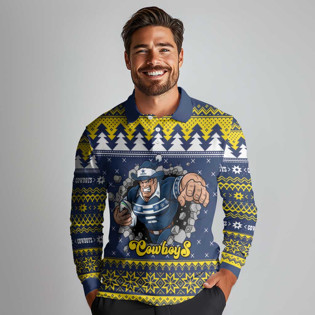 Merry Queensland Cowboys Personalised Long Sleeve Polo Shirt Christmas Rugby League Spirit - Aussie Hoodie