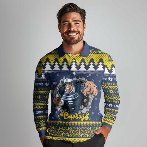 Merry Queensland Cowboys Personalised Long Sleeve Polo Shirt Christmas Rugby League Spirit - Aussie Hoodie