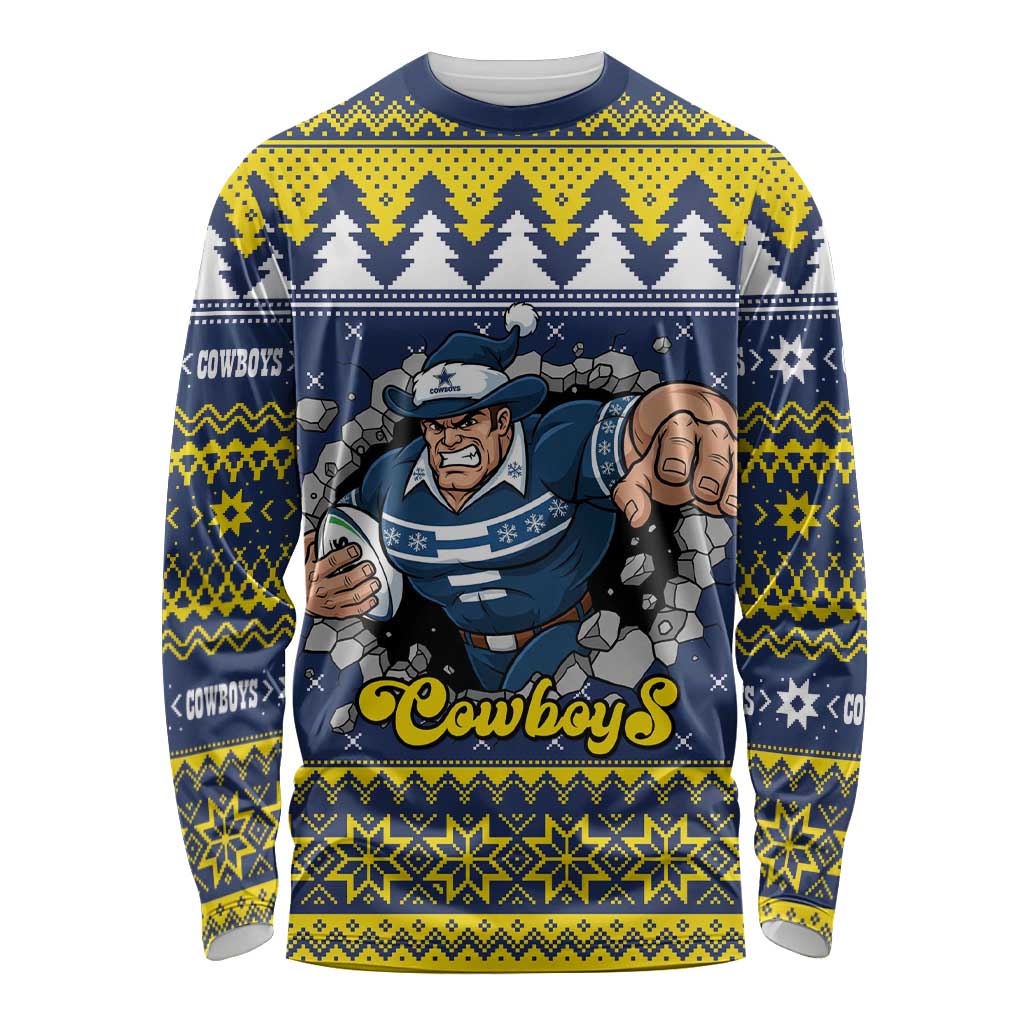 Merry Queensland Cowboys Personalised Long Sleeve Shirt Christmas Rugby League Spirit - Aussie Hoodie