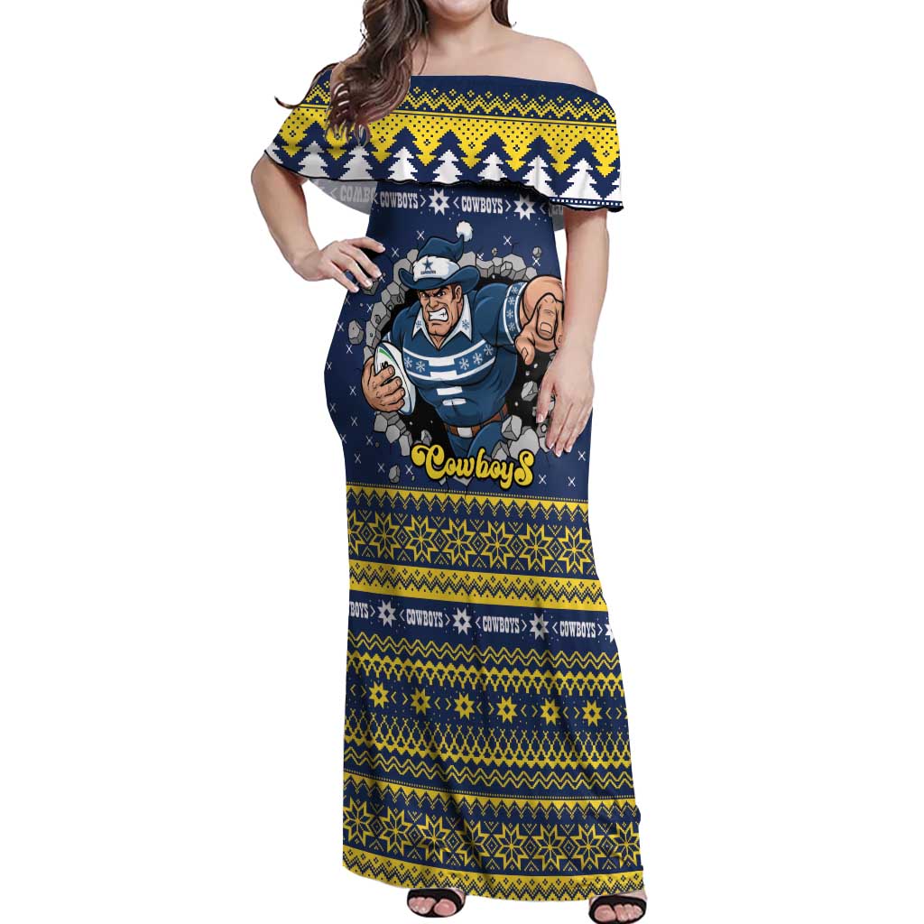 Merry Queensland Cowboys Personalised Off Shoulder Maxi Dress Christmas Rugby League Spirit - Aussie Hoodie