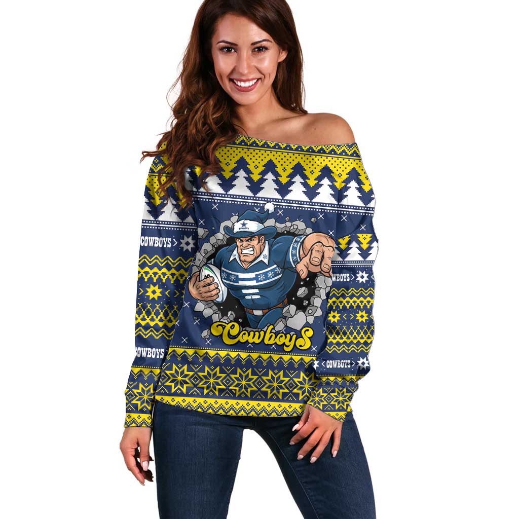 Merry Queensland Cowboys Personalised Off Shoulder Sweater Christmas Rugby League Spirit - Aussie Hoodie