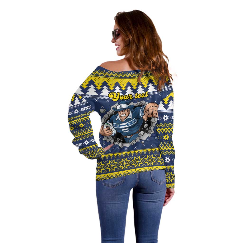 Merry Queensland Cowboys Personalised Off Shoulder Sweater Christmas Rugby League Spirit - Aussie Hoodie