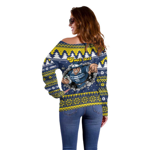 Merry Queensland Cowboys Personalised Off Shoulder Sweater Christmas Rugby League Spirit - Aussie Hoodie