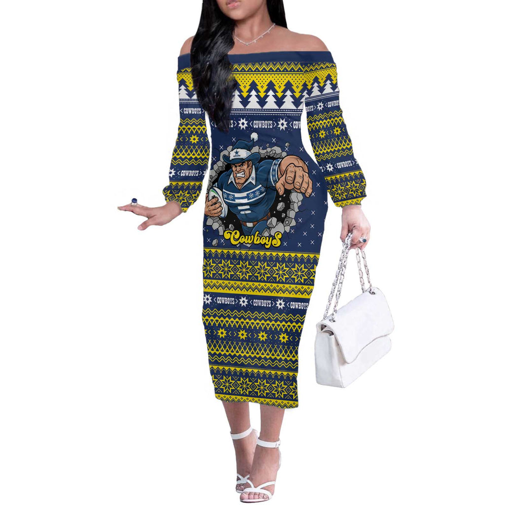 Merry Queensland Cowboys Personalised Off The Shoulder Long Sleeve Dress Christmas Rugby League Spirit - Aussie Hoodie