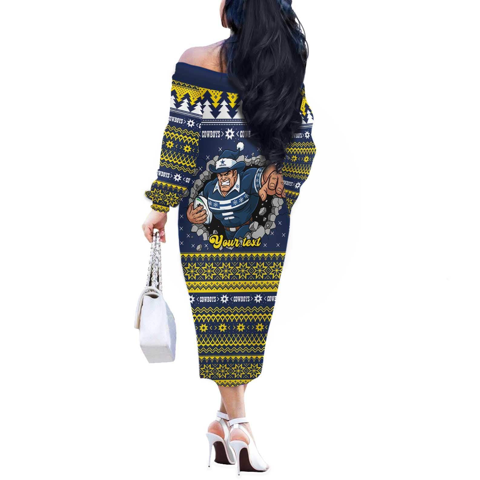 Merry Queensland Cowboys Personalised Off The Shoulder Long Sleeve Dress Christmas Rugby League Spirit - Aussie Hoodie