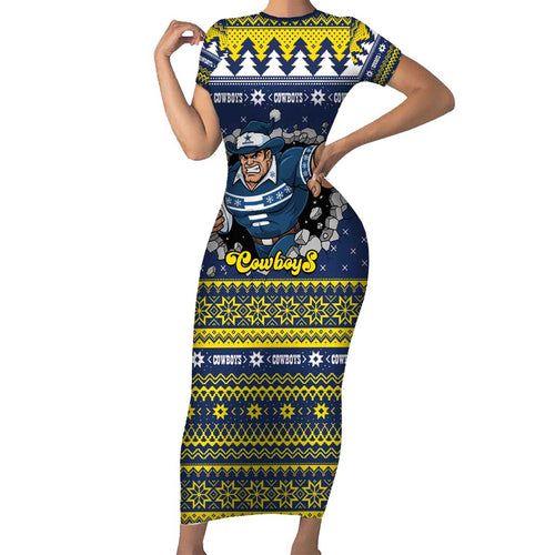 Merry Queensland Cowboys Personalised Short Sleeve Bodycon Dress Christmas Rugby League Spirit - Aussie Hoodie