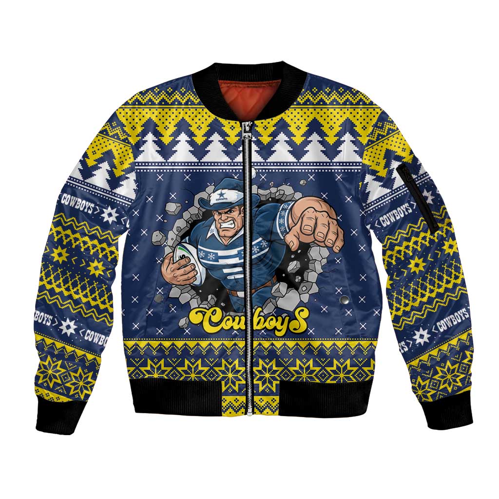 Merry Queensland Cowboys Personalised Sleeve Zip Bomber Jacket Christmas Rugby League Spirit - Aussie Hoodie