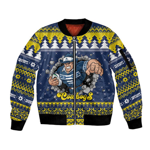 Merry Queensland Cowboys Personalised Sleeve Zip Bomber Jacket Christmas Rugby League Spirit - Aussie Hoodie
