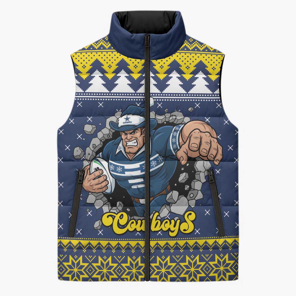 Merry Queensland Cowboys Personalised Sleeveless Puffer Jacket Christmas Rugby League Spirit - Aussie Hoodie