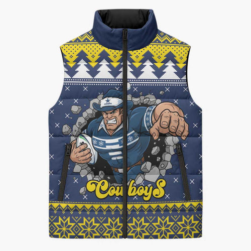Merry Queensland Cowboys Personalised Sleeveless Puffer Jacket Christmas Rugby League Spirit - Aussie Hoodie