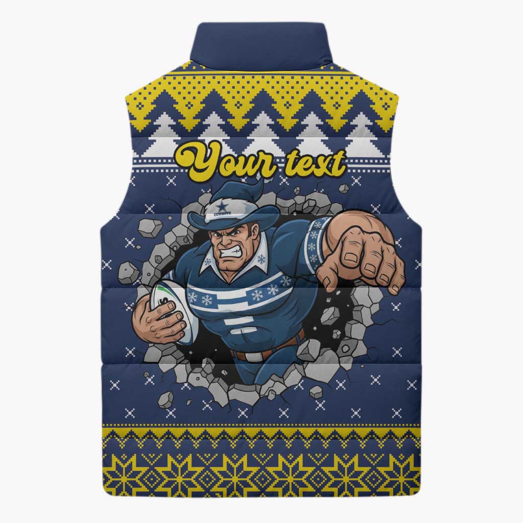 Merry Queensland Cowboys Personalised Sleeveless Puffer Jacket Christmas Rugby League Spirit - Aussie Hoodie