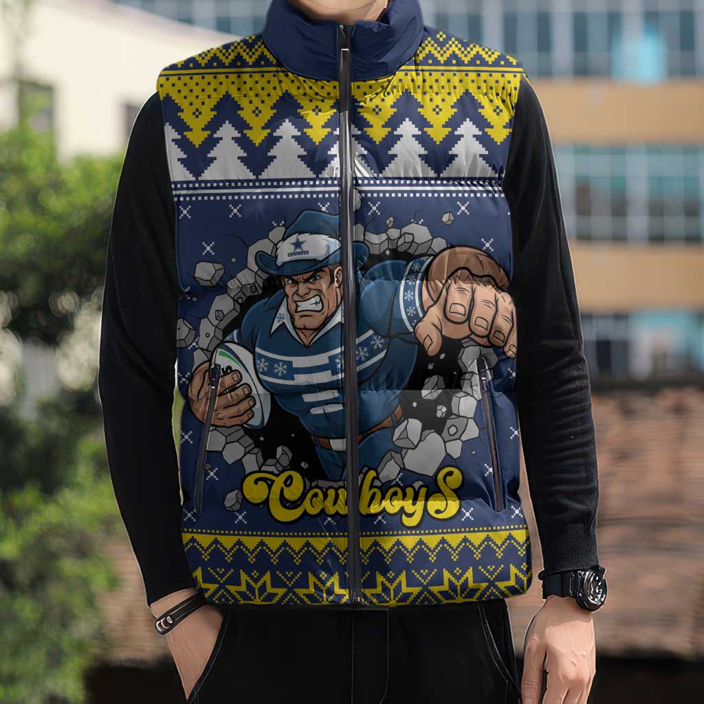 Merry Queensland Cowboys Personalised Sleeveless Puffer Jacket Christmas Rugby League Spirit - Aussie Hoodie
