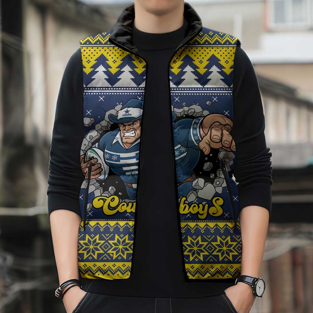 Merry Queensland Cowboys Personalised Sleeveless Puffer Jacket Christmas Rugby League Spirit - Aussie Hoodie