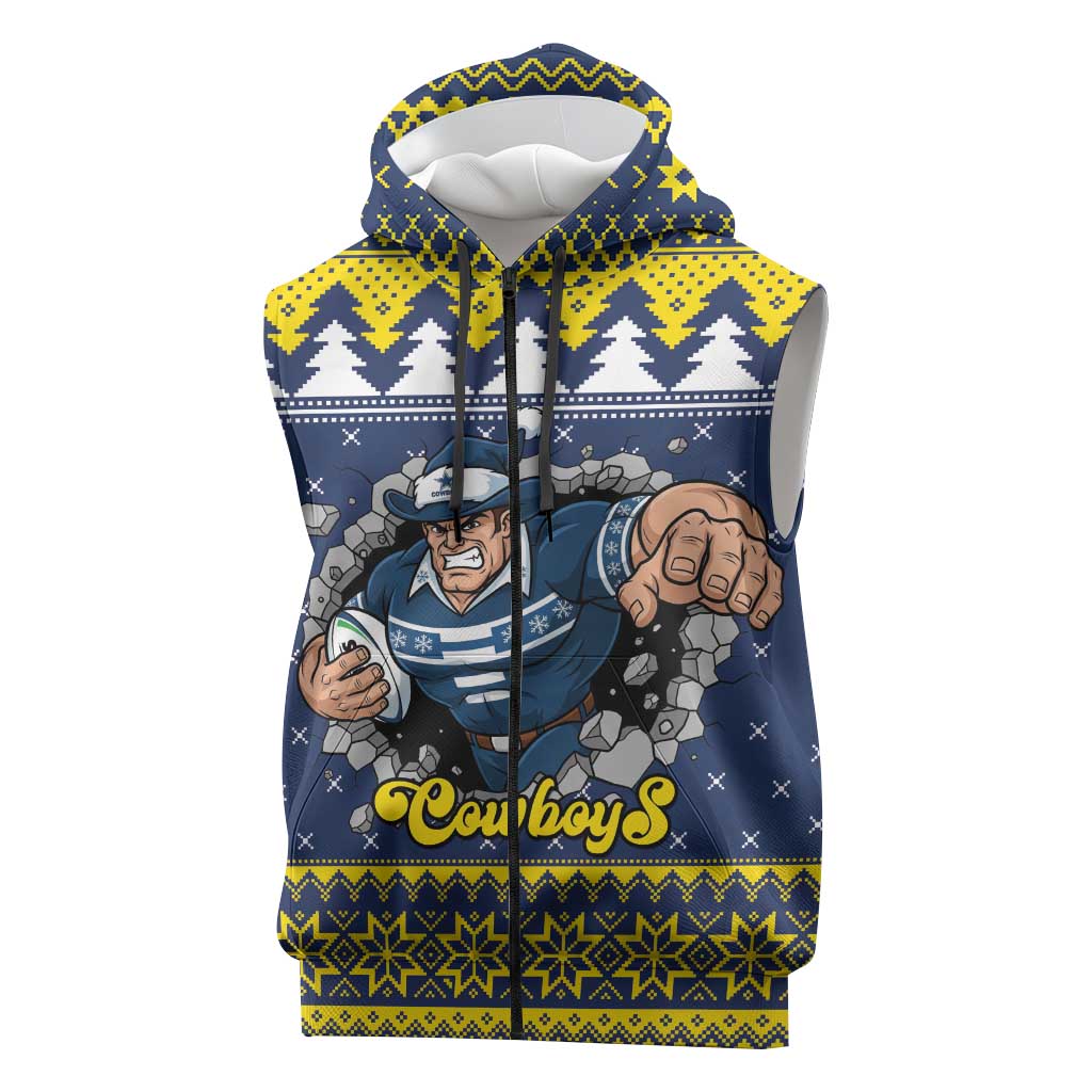 Merry Queensland Cowboys Personalised Sleeveless Zip Hoodie Christmas Rugby League Spirit LT9