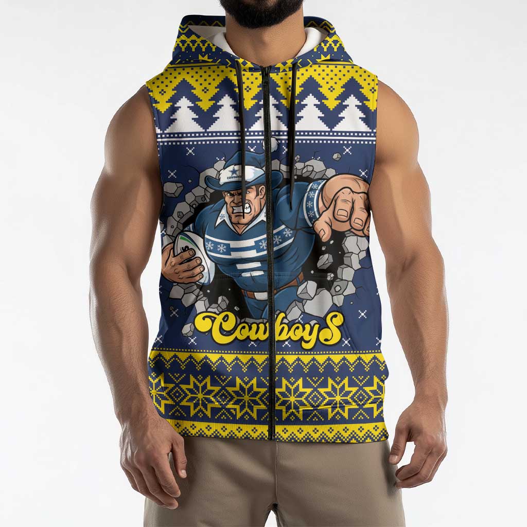 Merry Queensland Cowboys Personalised Sleeveless Zip Hoodie Christmas Rugby League Spirit LT9