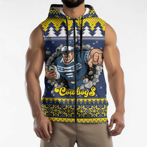 Merry Queensland Cowboys Personalised Sleeveless Zip Hoodie Christmas Rugby League Spirit LT9