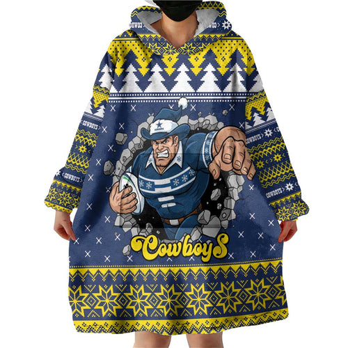 Merry Queensland Cowboys Personalised Wearable Blanket Hoodie Christmas Rugby League Spirit - Aussie Hoodie