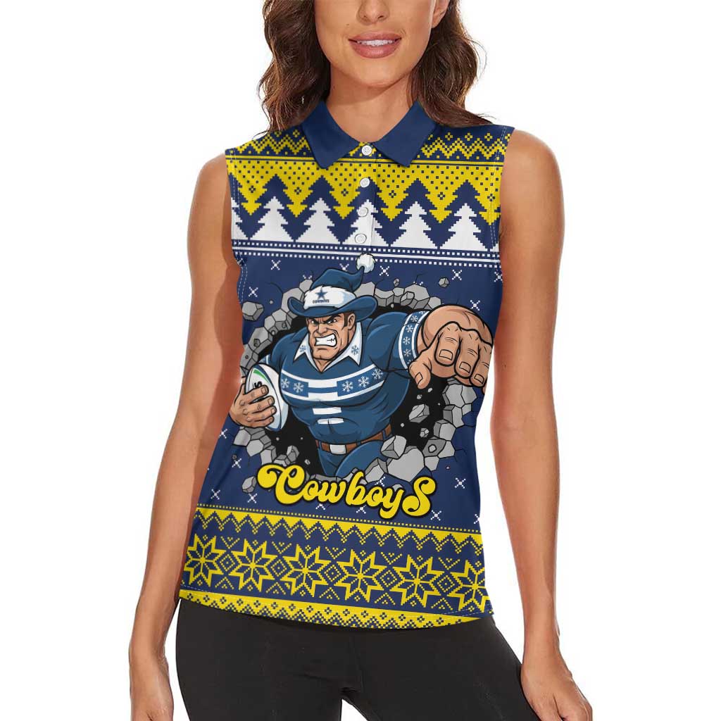 Merry Queensland Cowboys Personalised Women Sleeveless Polo Shirt Christmas Rugby League Spirit - Aussie Hoodie
