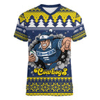 Merry Queensland Cowboys Personalised Women V-Neck T-Shirt Christmas Rugby League Spirit - Aussie Hoodie