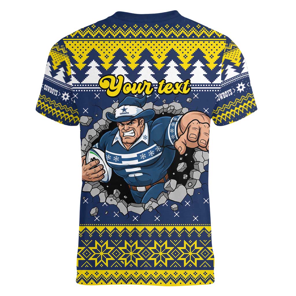Merry Queensland Cowboys Personalised Women V-Neck T-Shirt Christmas Rugby League Spirit - Aussie Hoodie