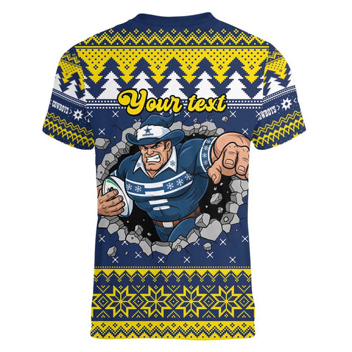 Merry Queensland Cowboys Personalised Women V-Neck T-Shirt Christmas Rugby League Spirit - Aussie Hoodie