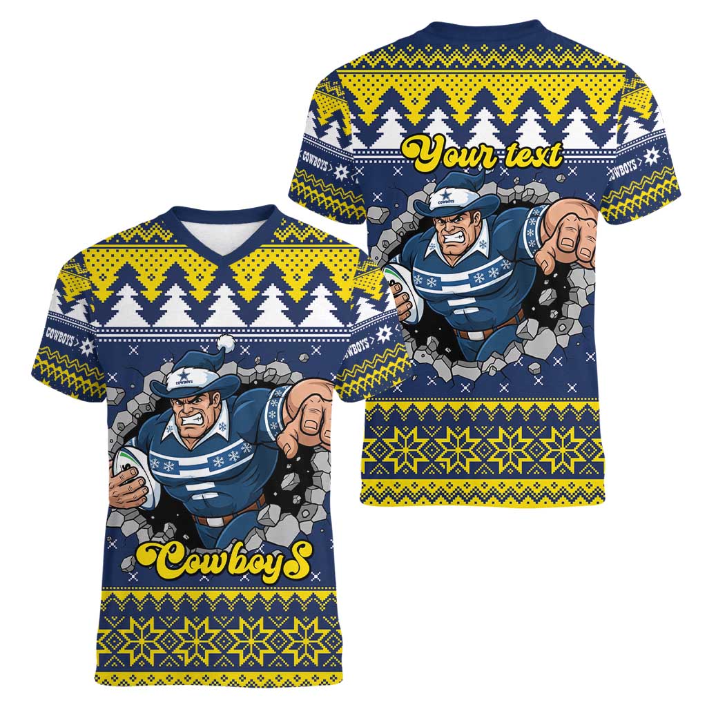 Merry Queensland Cowboys Personalised Women V-Neck T-Shirt Christmas Rugby League Spirit - Aussie Hoodie