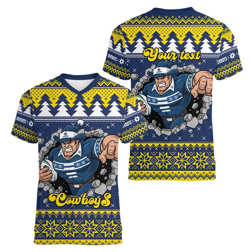 Merry Queensland Cowboys Personalised Women V-Neck T-Shirt Christmas Rugby League Spirit - Aussie Hoodie