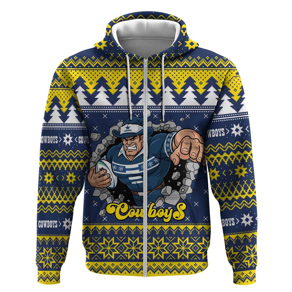 Merry Queensland Cowboys Personalised Zip Hoodie Christmas Rugby League Spirit - Aussie Hoodie